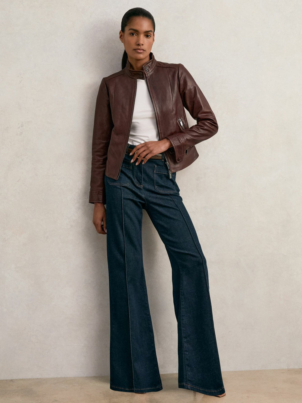 Women Fitted Leather Biker Jacket in Burgundy