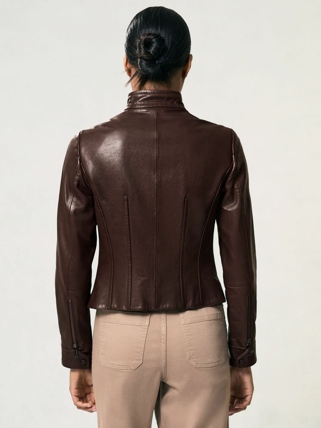 Women Fitted Leather Biker Jacket in Burgundy