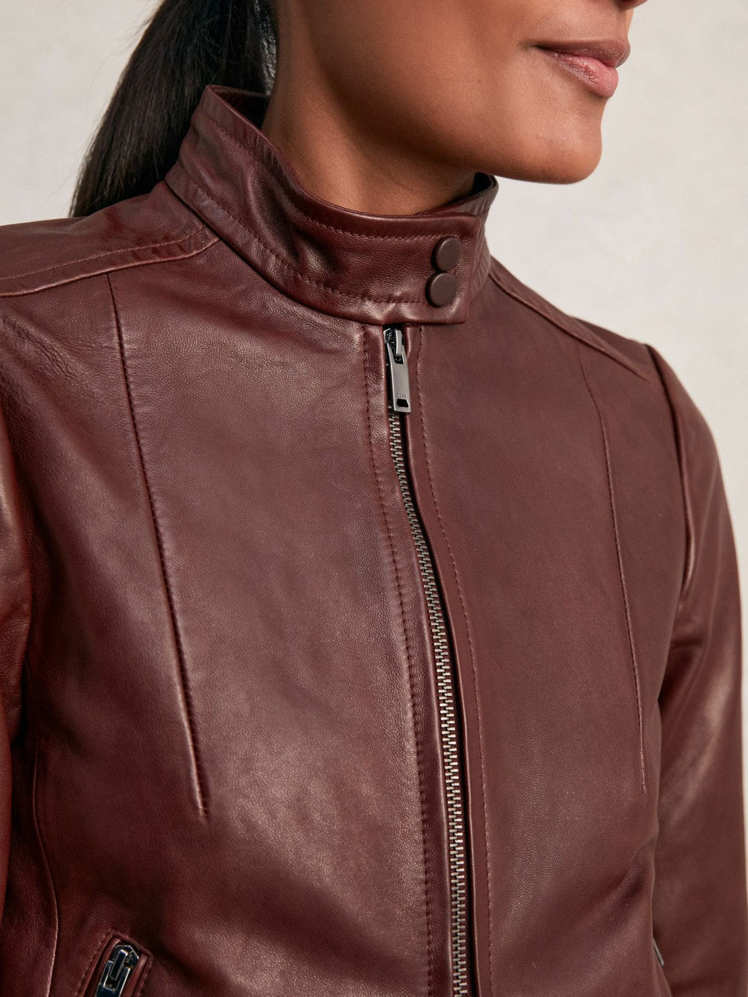 Women Fitted Leather Biker Jacket in Burgundy