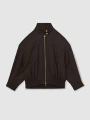 Women Wool Bomber Jacket in Chocolate Brown