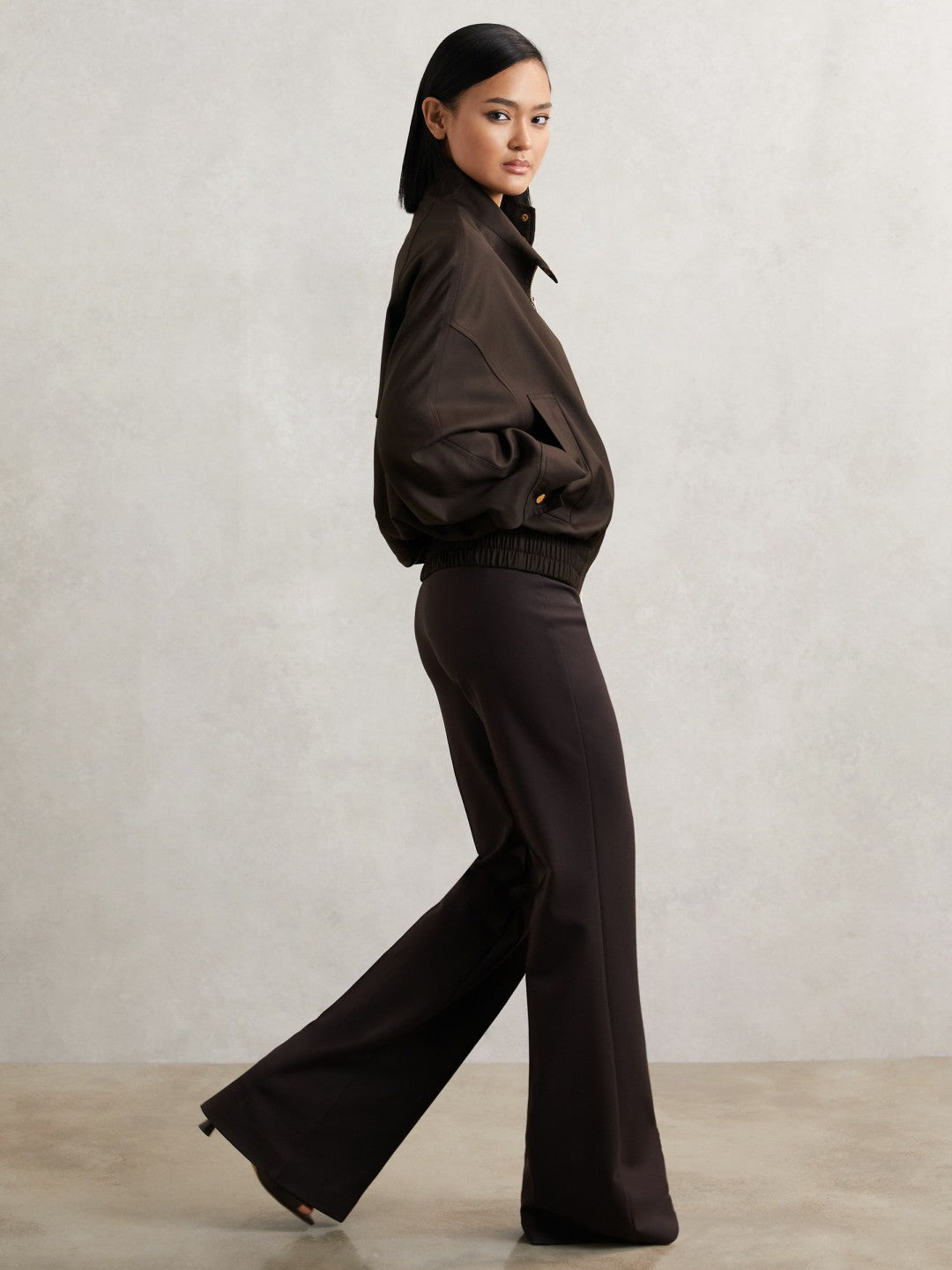 Women Wool Bomber Jacket in Chocolate Brown