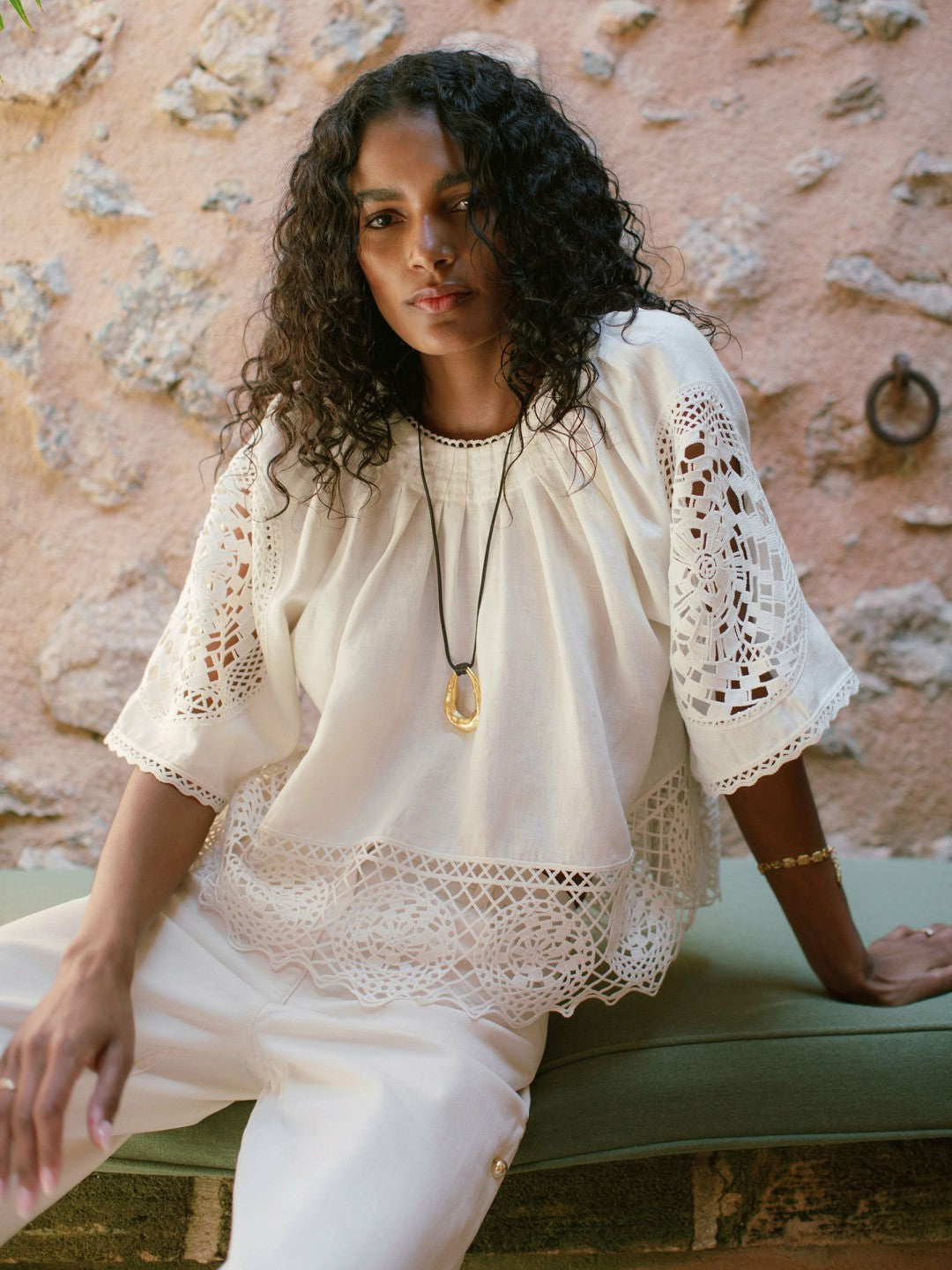 Women Linen Embroidered Swing Top in Ivory