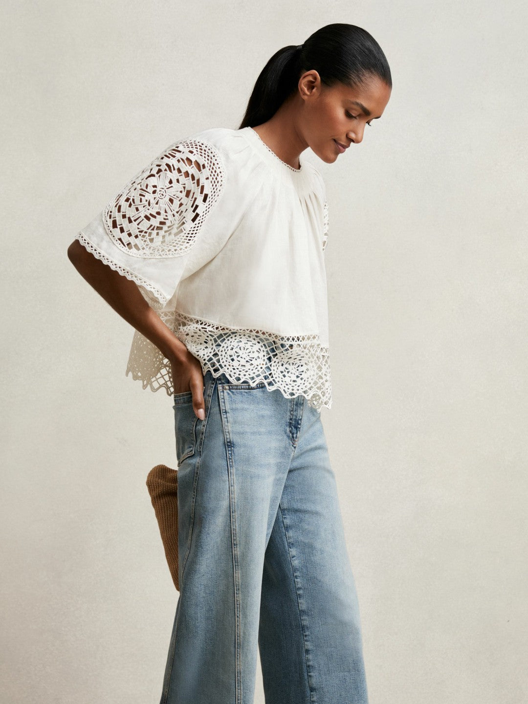 Women Linen Embroidered Swing Top in Ivory