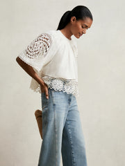 Women Linen Embroidered Swing Top in Ivory