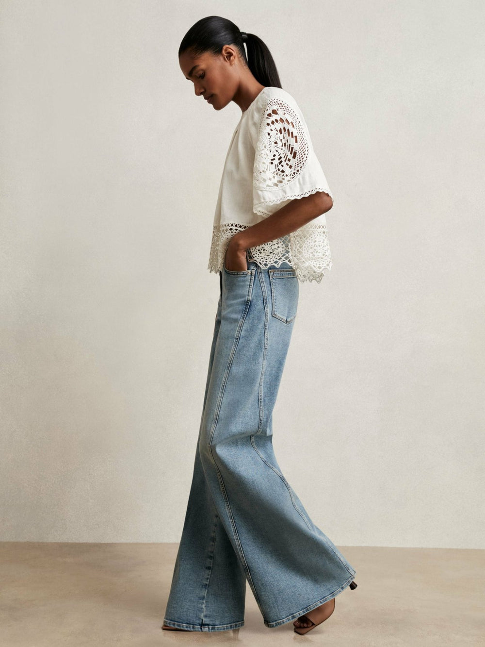 Women Linen Embroidered Swing Top in Ivory