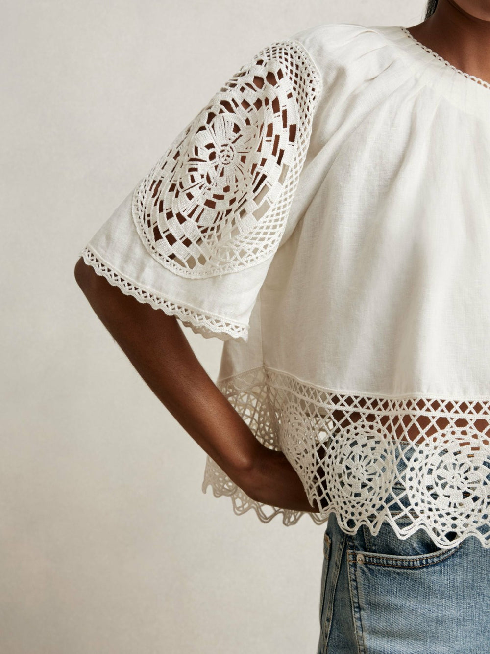 Women Linen Embroidered Swing Top in Ivory