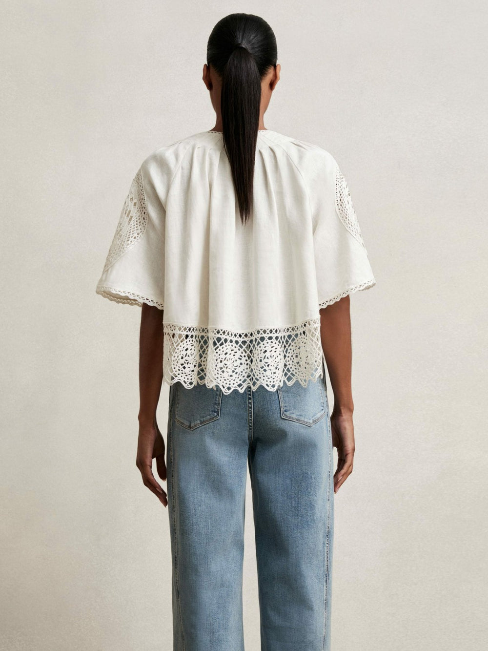 Women Linen Embroidered Swing Top in Ivory