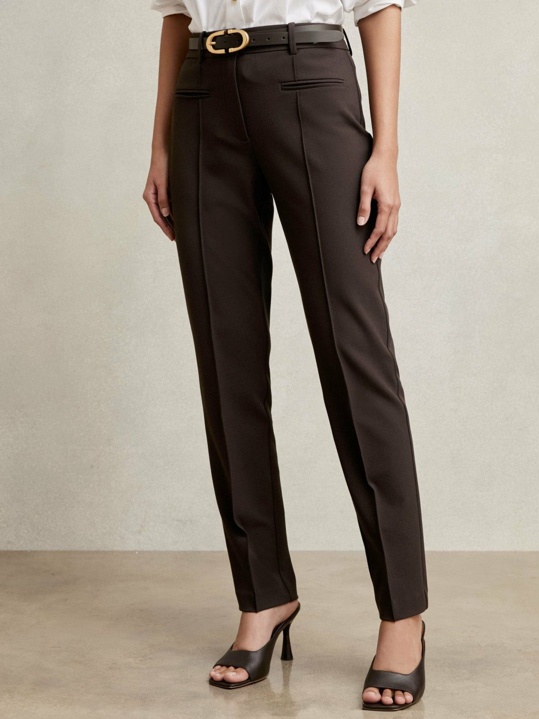 Women Pintuck Tapered Trousers in Chocolate Brown