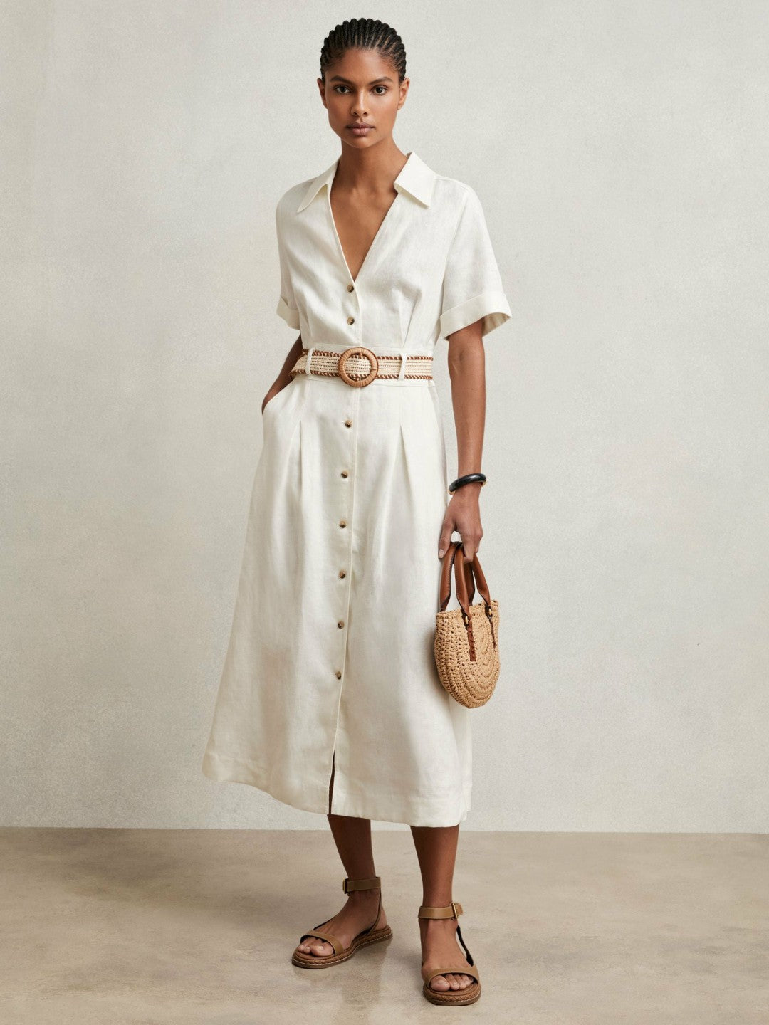 Women Petite Linen Belted Midi Shirt Dress in Ivory