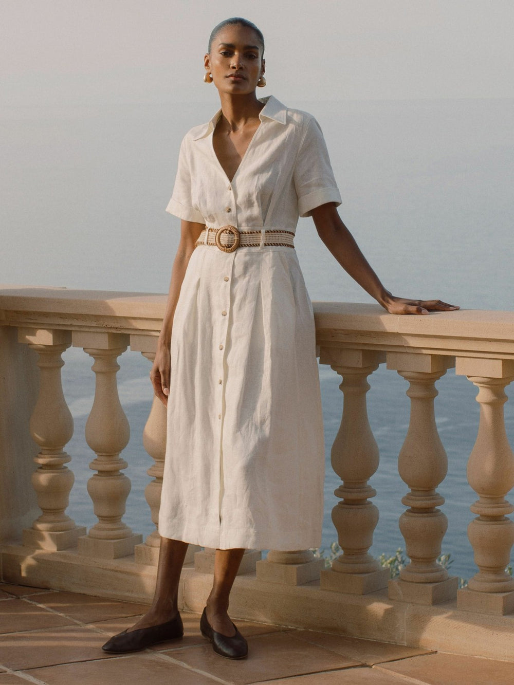 Women Petite Linen Belted Midi Shirt Dress in Ivory
