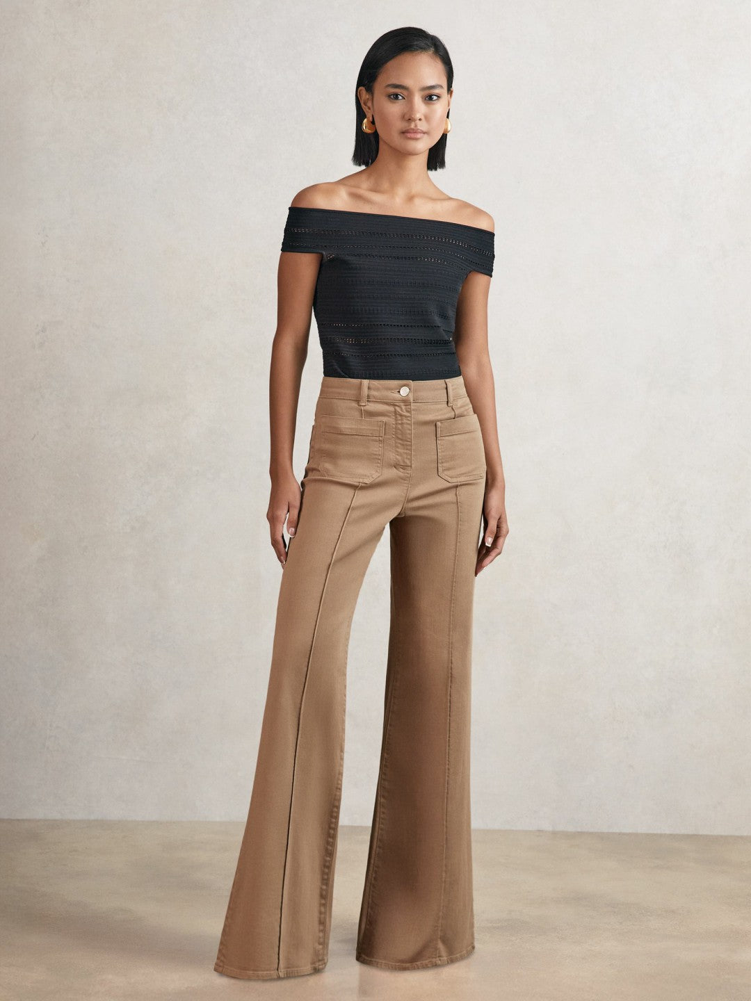 Women Petite Patch-Pocket Flared Jeans in Taupe Neutral