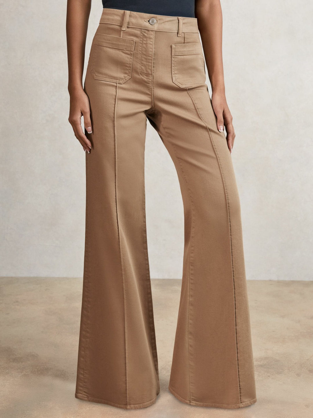 Women Petite Patch-Pocket Flared Jeans in Taupe Neutral