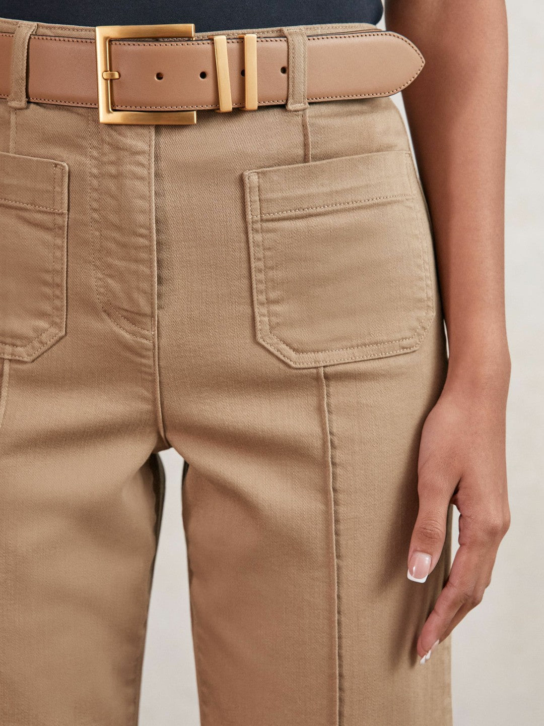 Women Petite Patch-Pocket Flared Jeans in Taupe Neutral