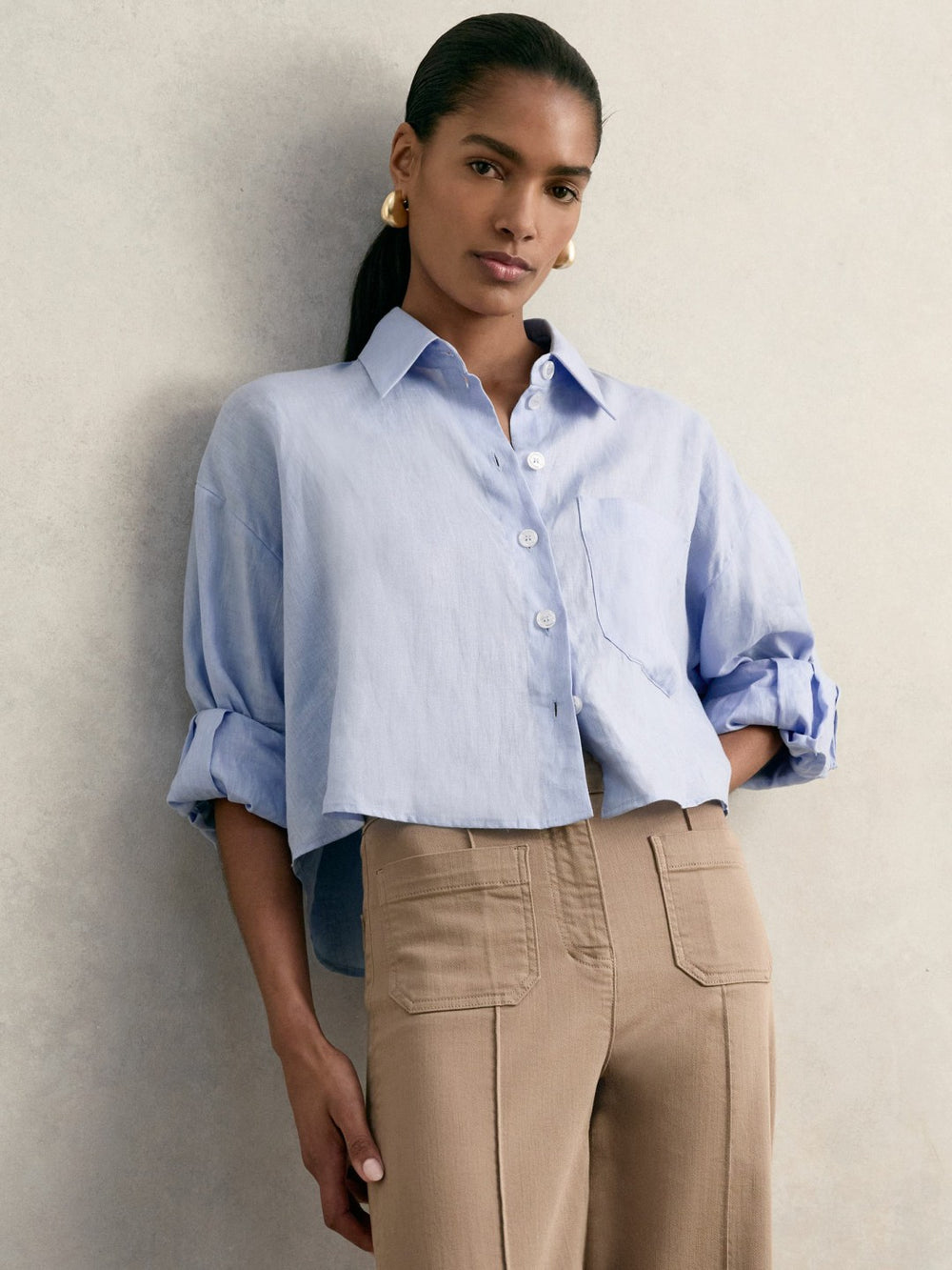 Women Oversize Linen Cropped Shirt in Blue