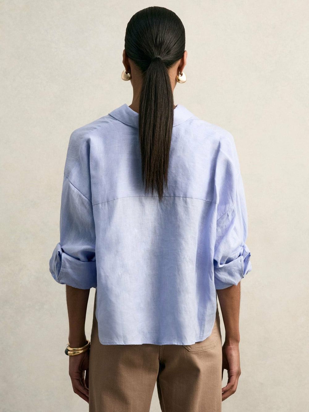 Women Oversize Linen Cropped Shirt in Blue