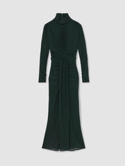 Women Ruched Long-Sleeve Maxi Dress in Dark Green