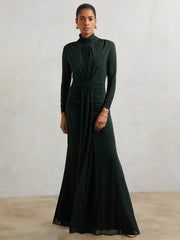 Women Ruched Long-Sleeve Maxi Dress in Dark Green