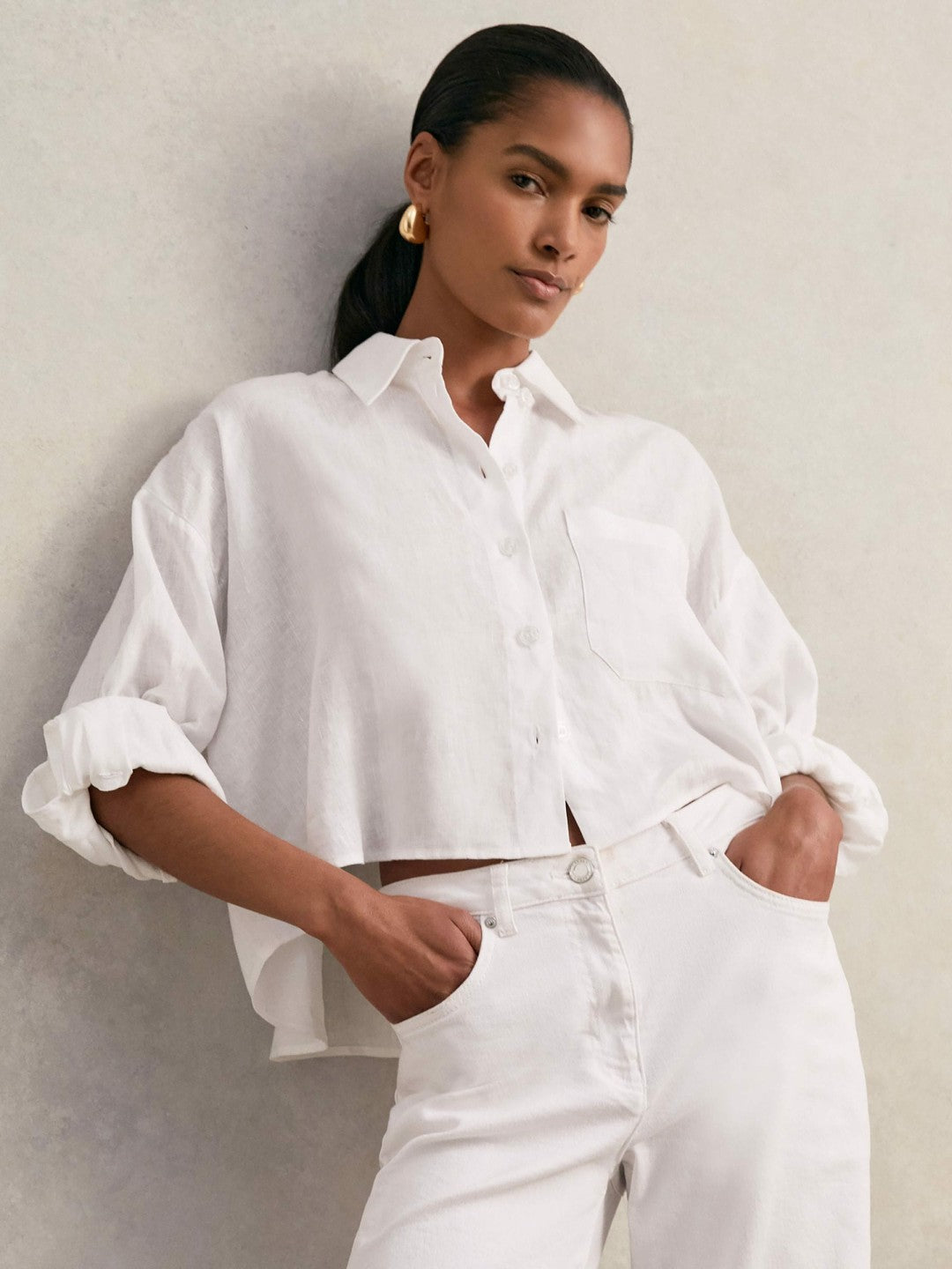 Women Oversize Linen Cropped Shirt in White