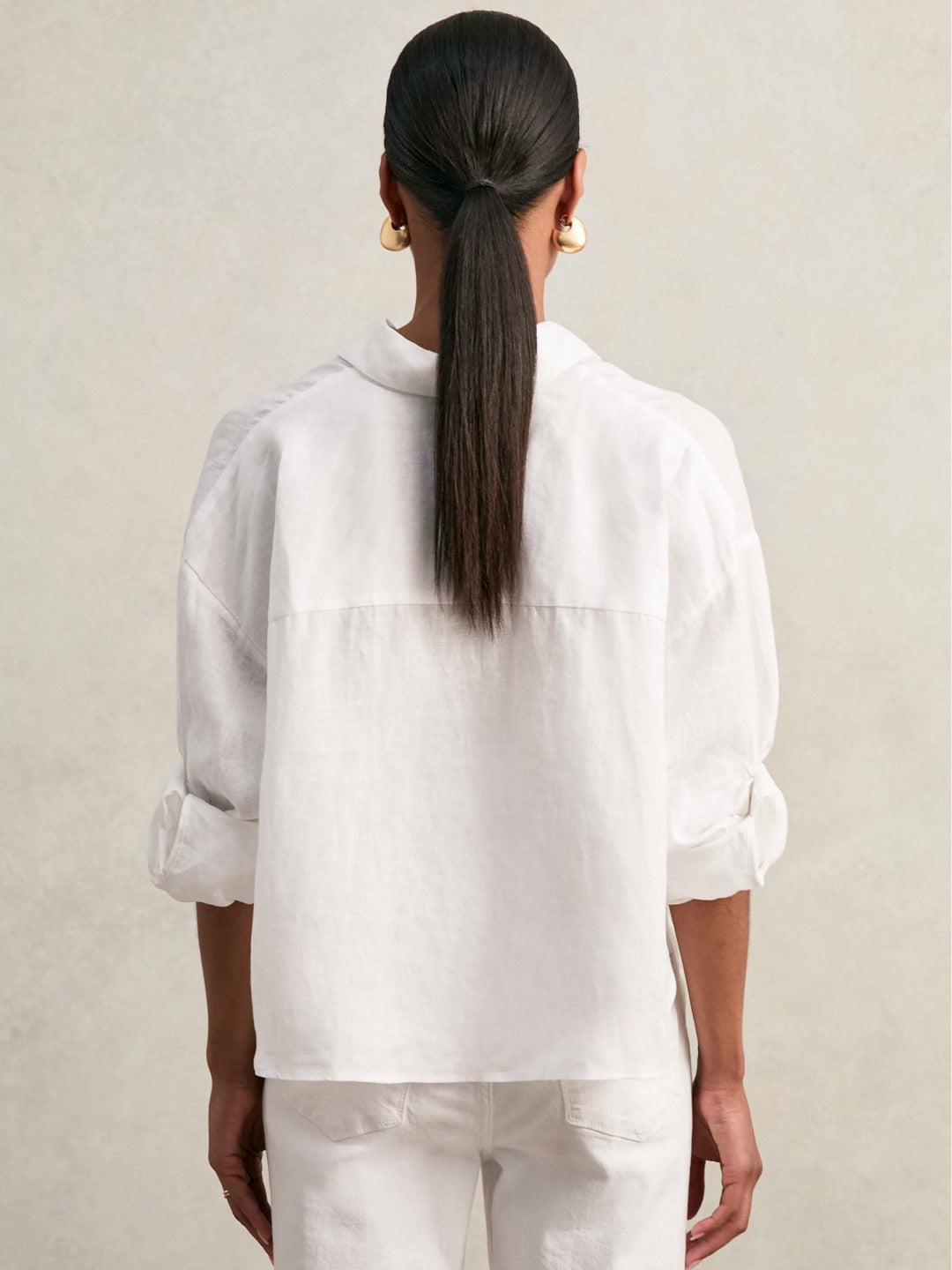 Women Oversize Linen Cropped Shirt in White