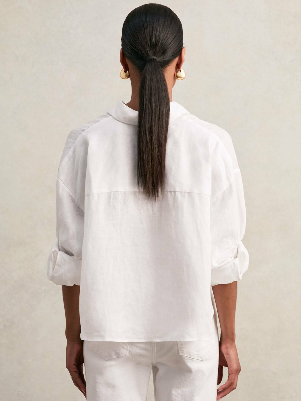 Women Oversize Linen Cropped Shirt in White