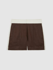 Women Linen Colourblock Shorts in Chocolate/Cream
