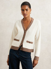 Women Wool Colourblock Cardigan in Cream/Neutral