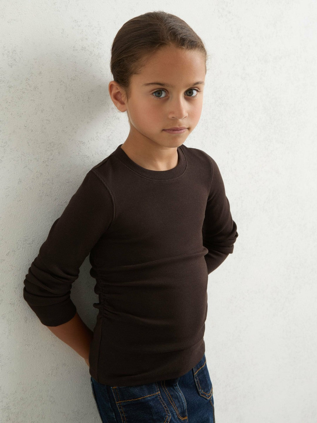 Children & Baby 4-9 yrs Cotton Ruched Long-Sleeve T-Shirt with Stretch in Chocolate