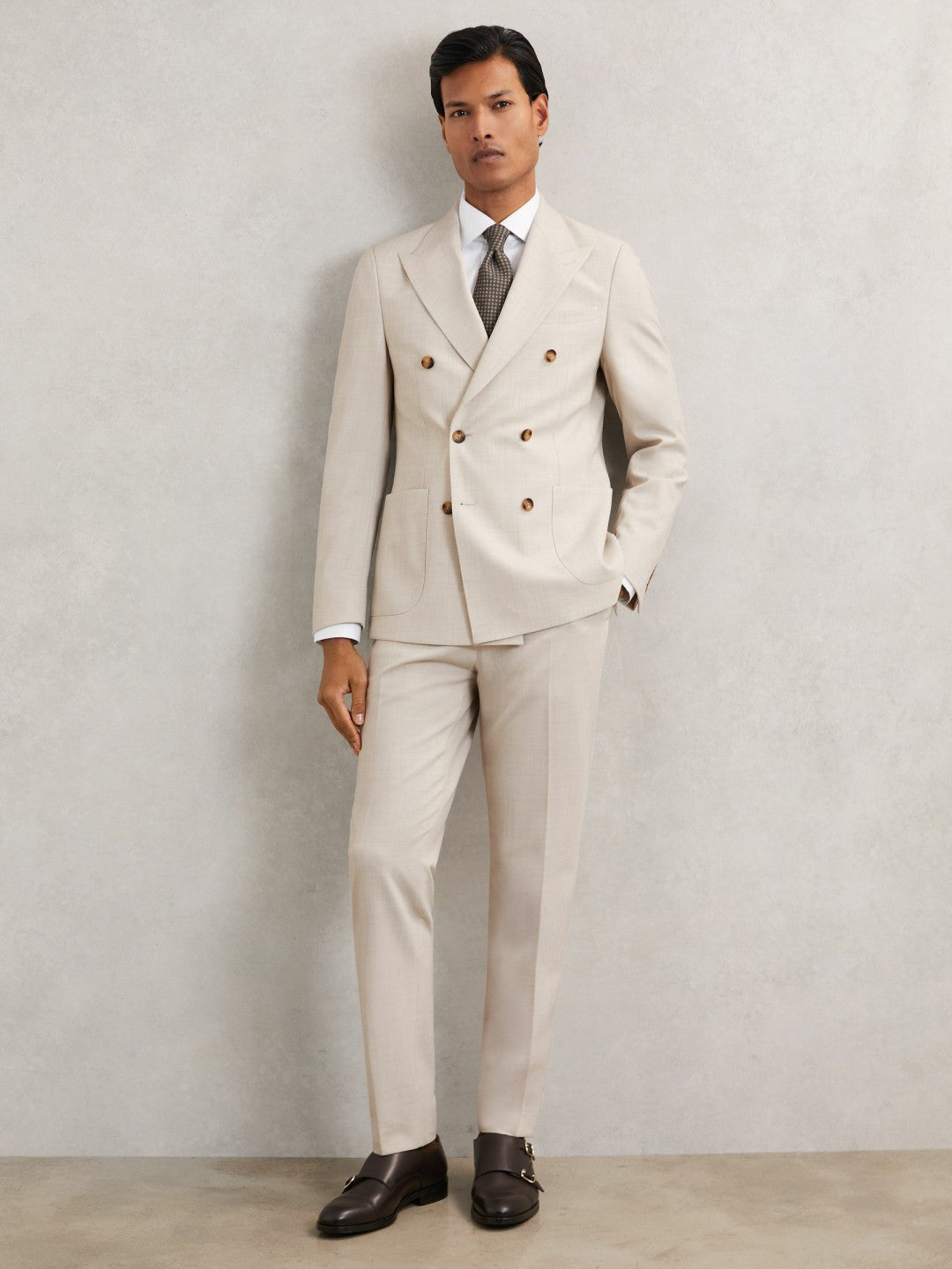 Men Slim-Fit Textured Suit Trousers With Wool in Stone