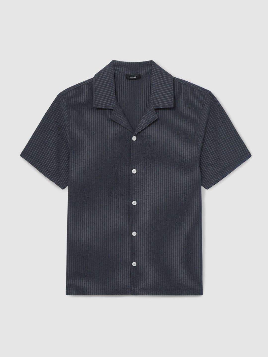 Men Textured-Stripe Cuban-Collar Shirt in Petrol Blue
