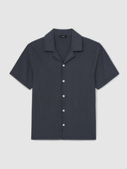 Men Textured-Stripe Cuban-Collar Shirt in Petrol Blue