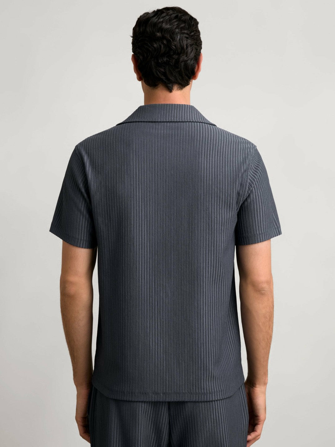 Men Textured-Stripe Cuban-Collar Shirt in Petrol Blue