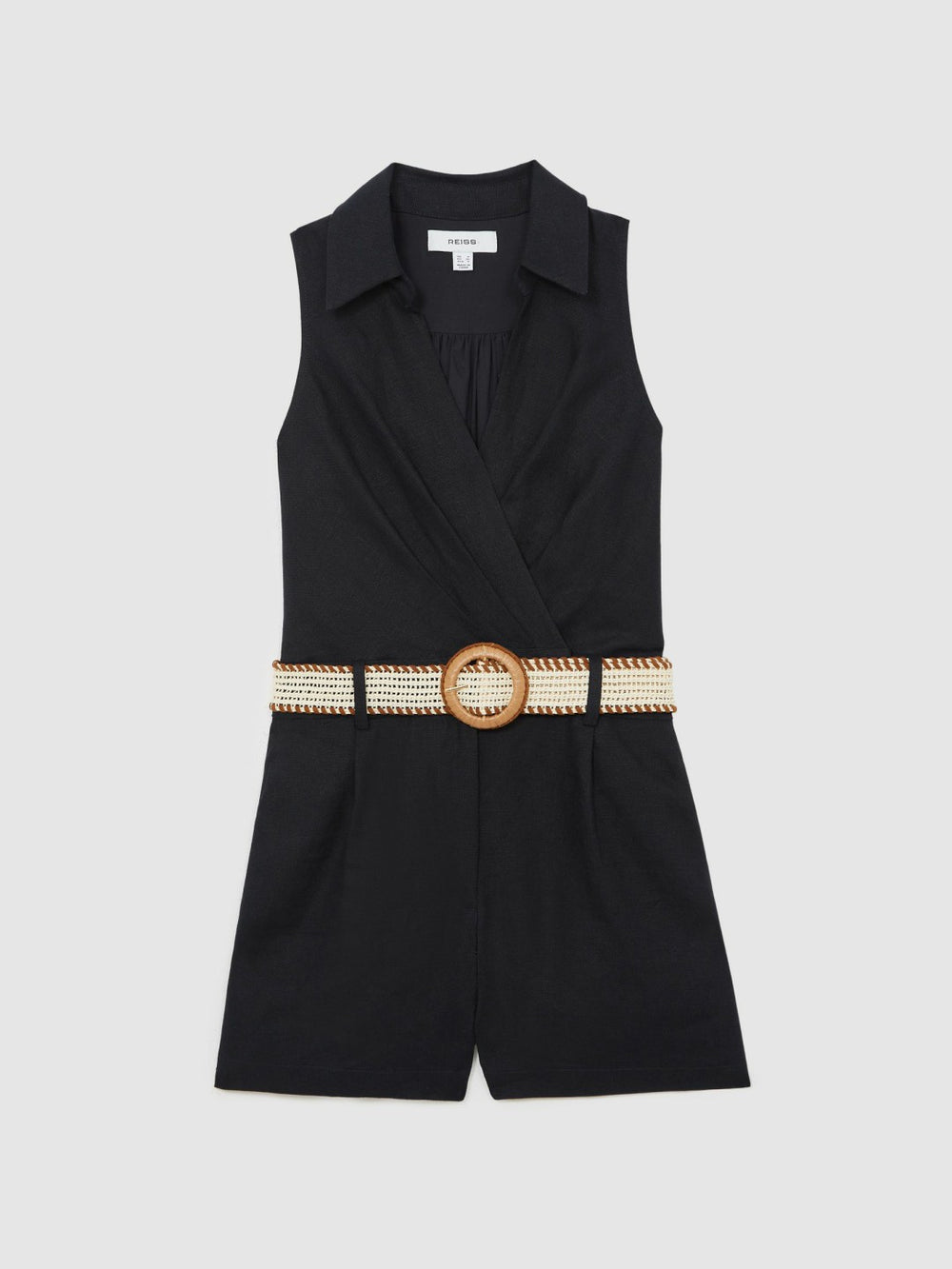 Women Linen Belted Sleeveless Wrap Playsuit in Navy