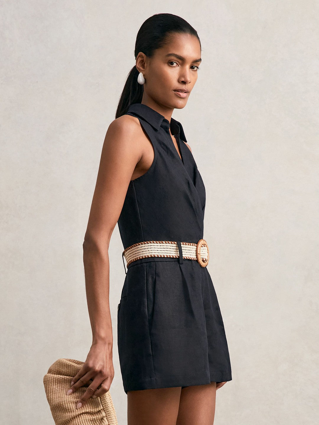 Women Linen Belted Sleeveless Wrap Playsuit in Navy
