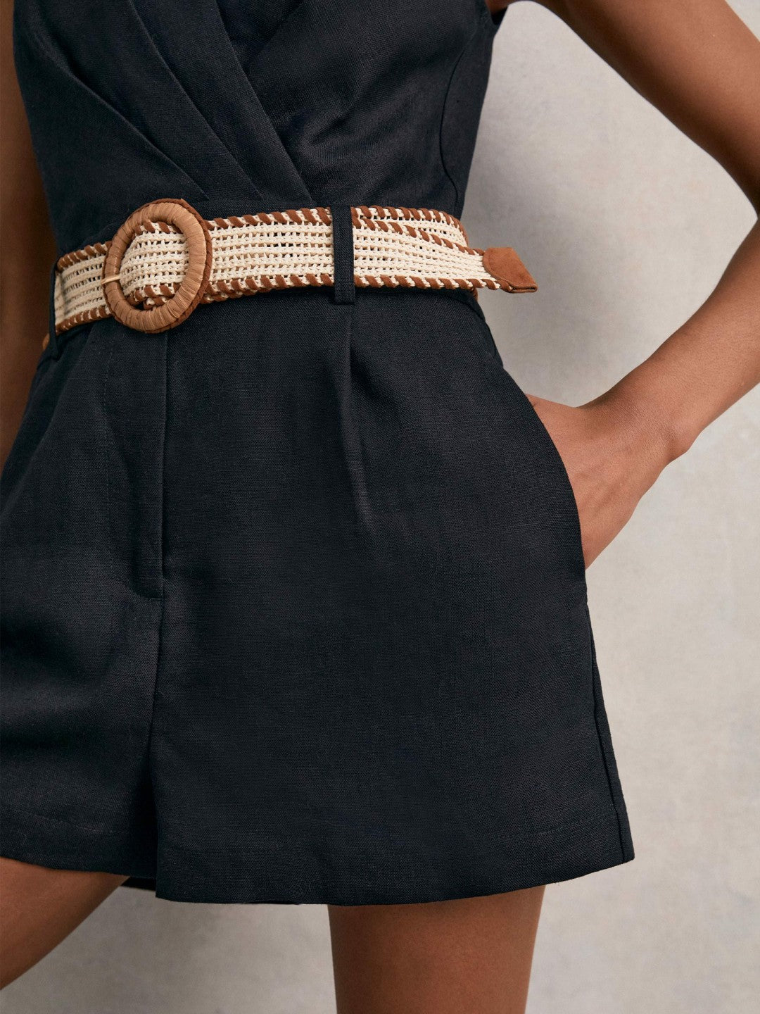Women Linen Belted Sleeveless Wrap Playsuit in Navy