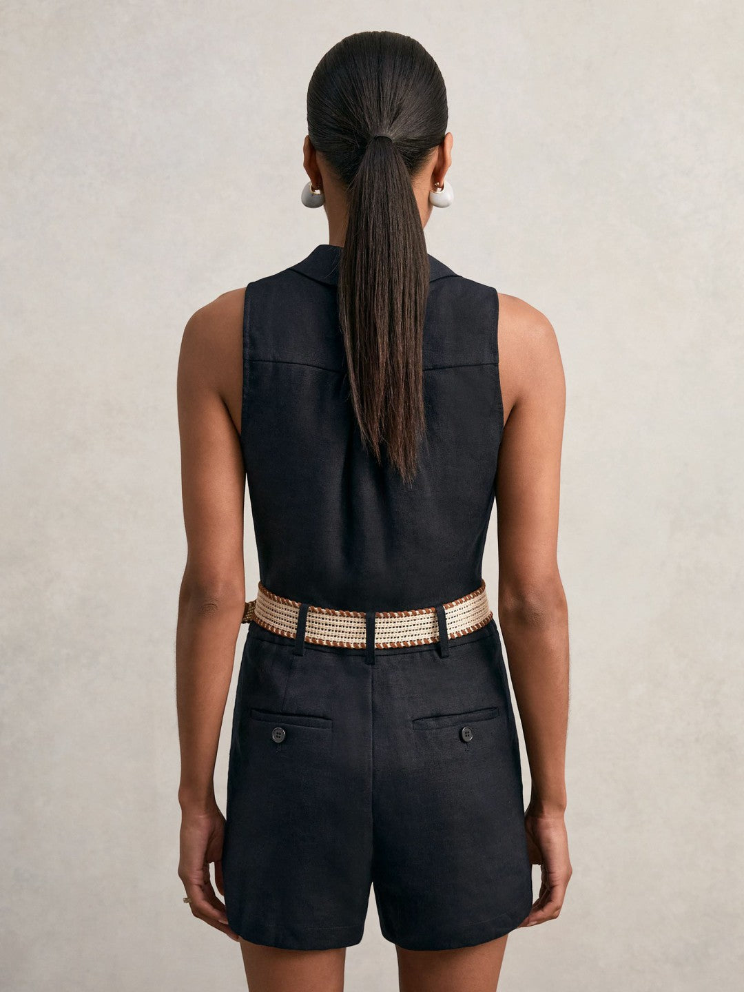 Women Linen Belted Sleeveless Wrap Playsuit in Navy