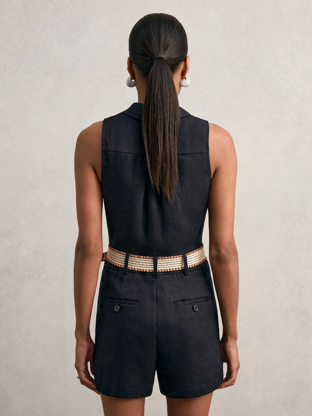 Women Linen Belted Sleeveless Wrap Playsuit in Navy