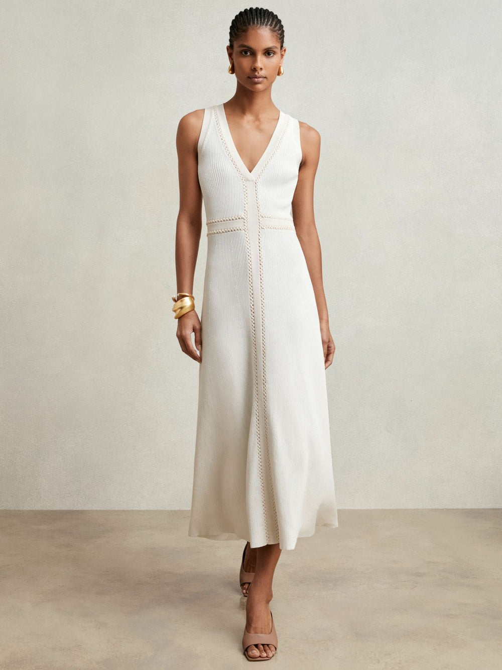 Women Craft-Stitch Knitted Midi Dress in Ivory