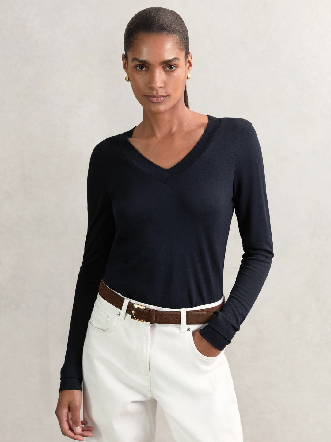 Women Jersey V-Neck Top in Navy