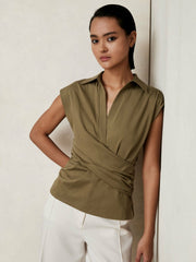 Women Stretch-Cotton Wrap-Front Collar Top in Khaki Green