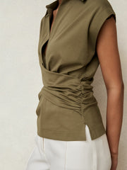 Women Stretch-Cotton Wrap-Front Collar Top in Khaki Green