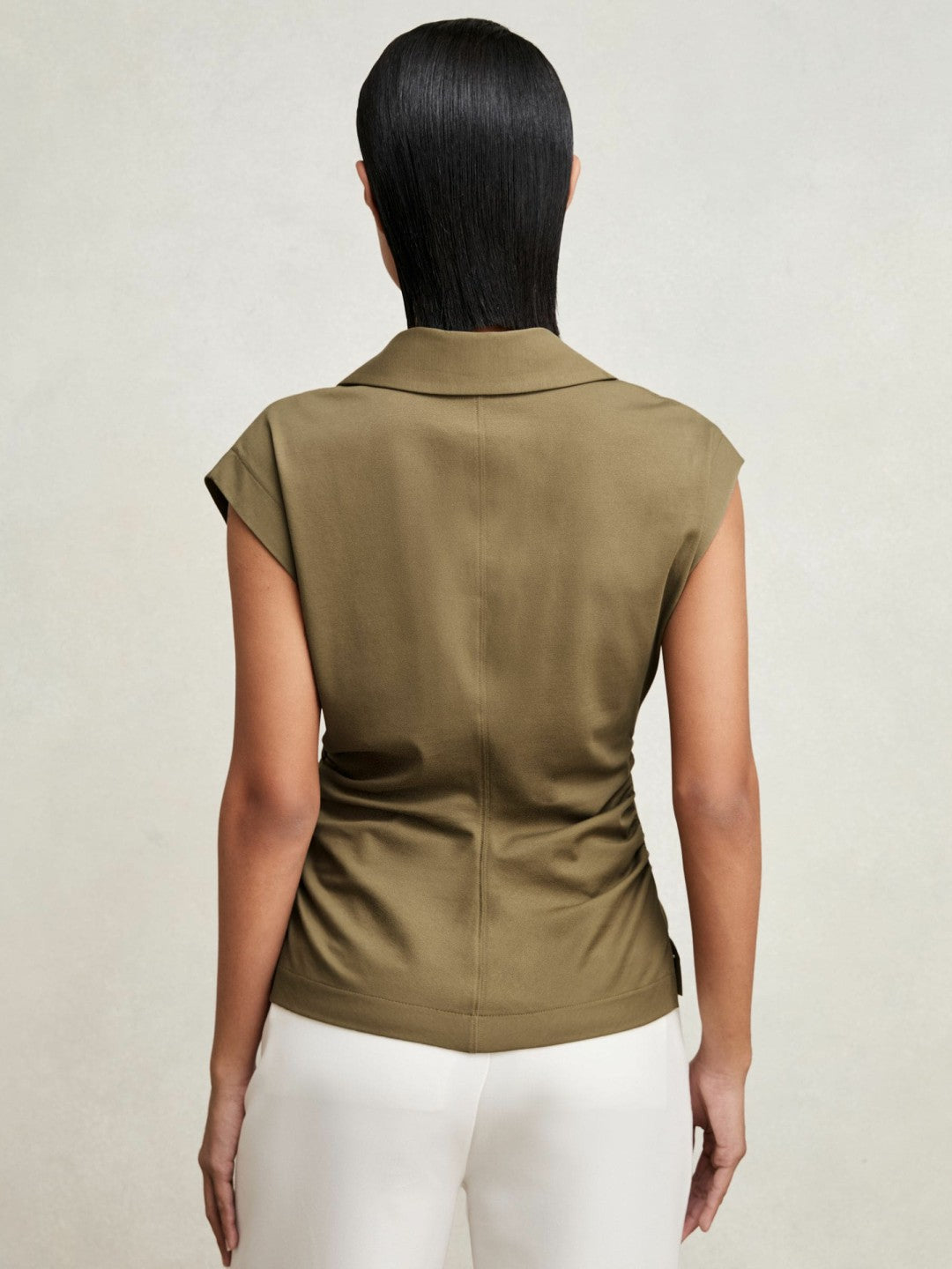 Women Stretch-Cotton Wrap-Front Collar Top in Khaki Green