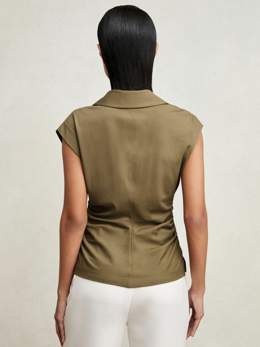 Women Stretch-Cotton Wrap-Front Collar Top in Khaki Green