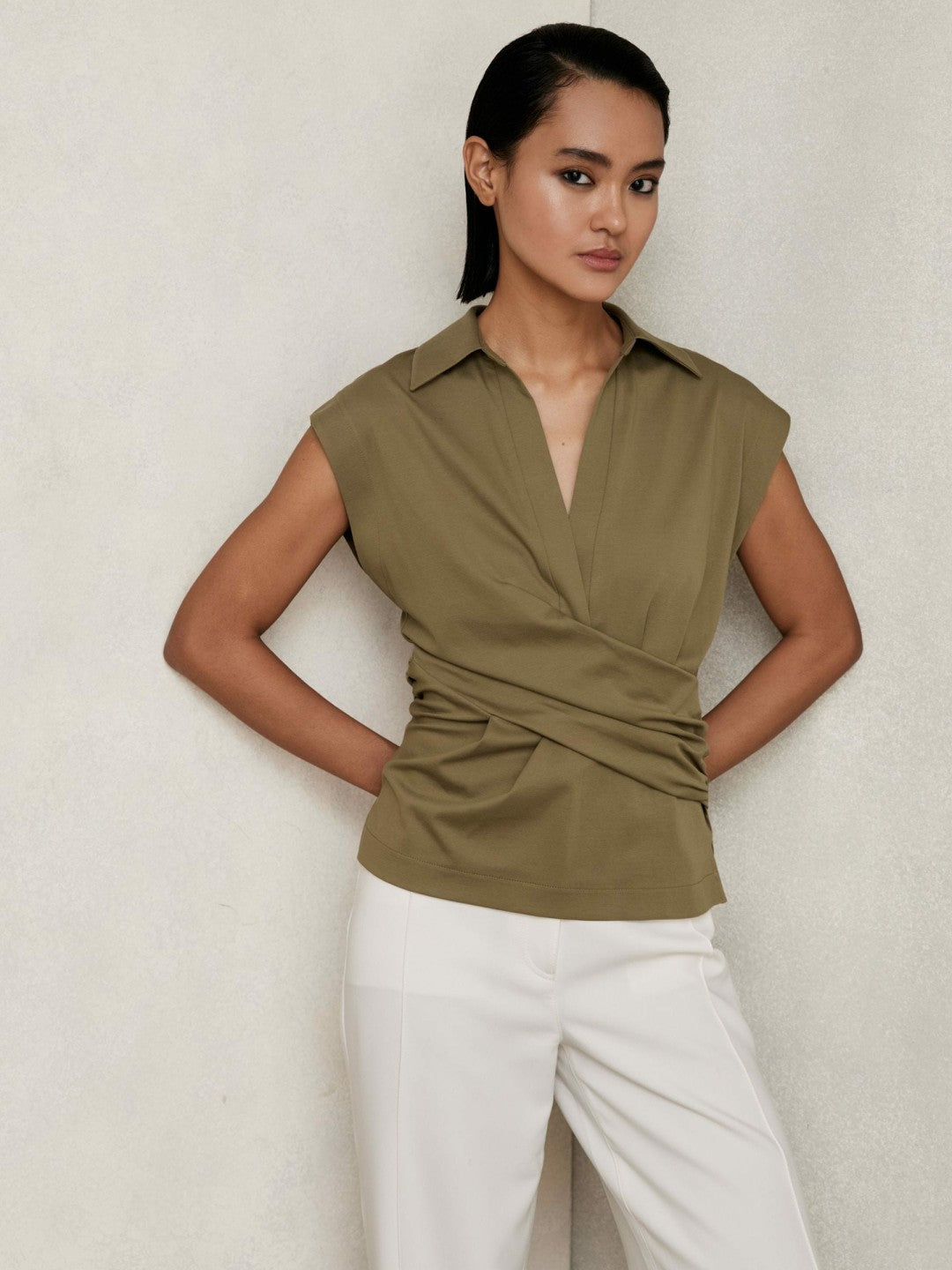Women Stretch-Cotton Wrap-Front Collar Top in Khaki Green