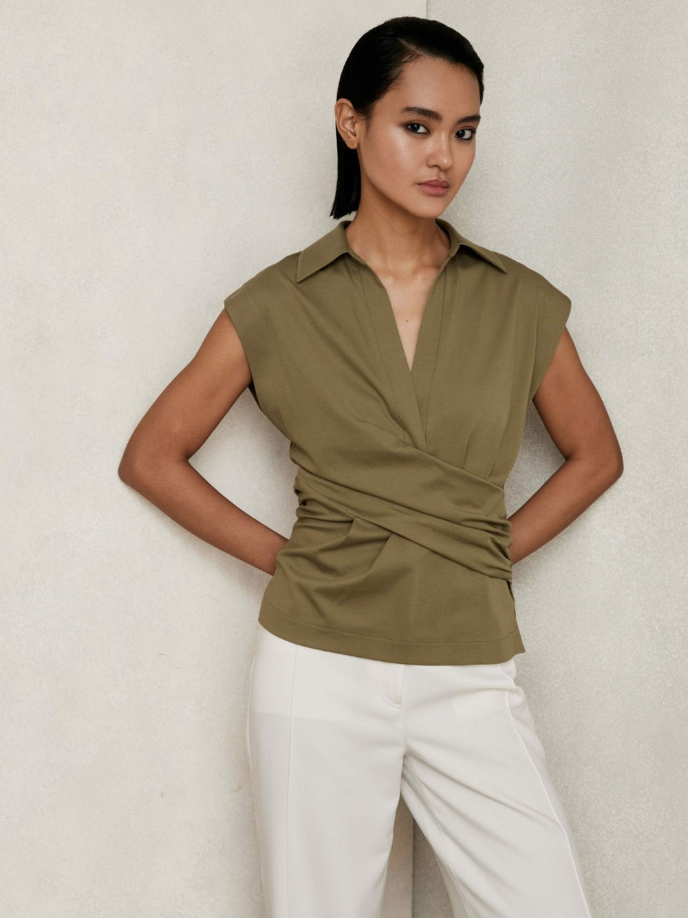 Women Stretch-Cotton Wrap-Front Collar Top in Khaki Green