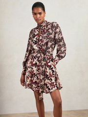 Women Printed Tie-Waist Flippy Mini Dress in Burgundy/Cream