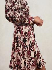 Women Printed Tie-Waist Flippy Mini Dress in Burgundy/Cream