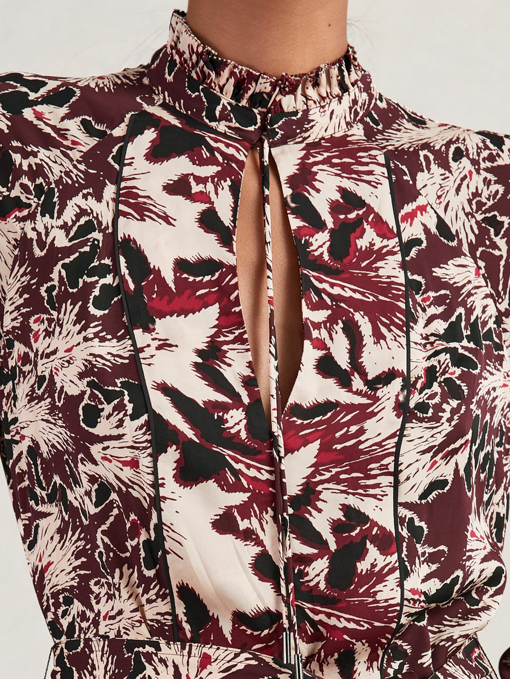 Women Printed Tie-Waist Flippy Mini Dress in Burgundy/Cream