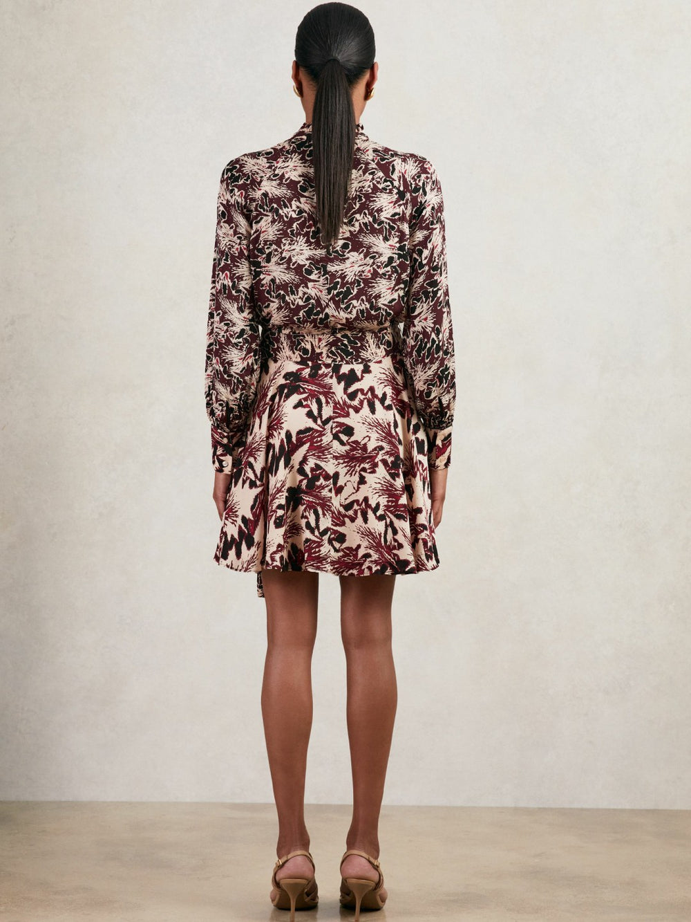 Women Printed Tie-Waist Flippy Mini Dress in Burgundy/Cream