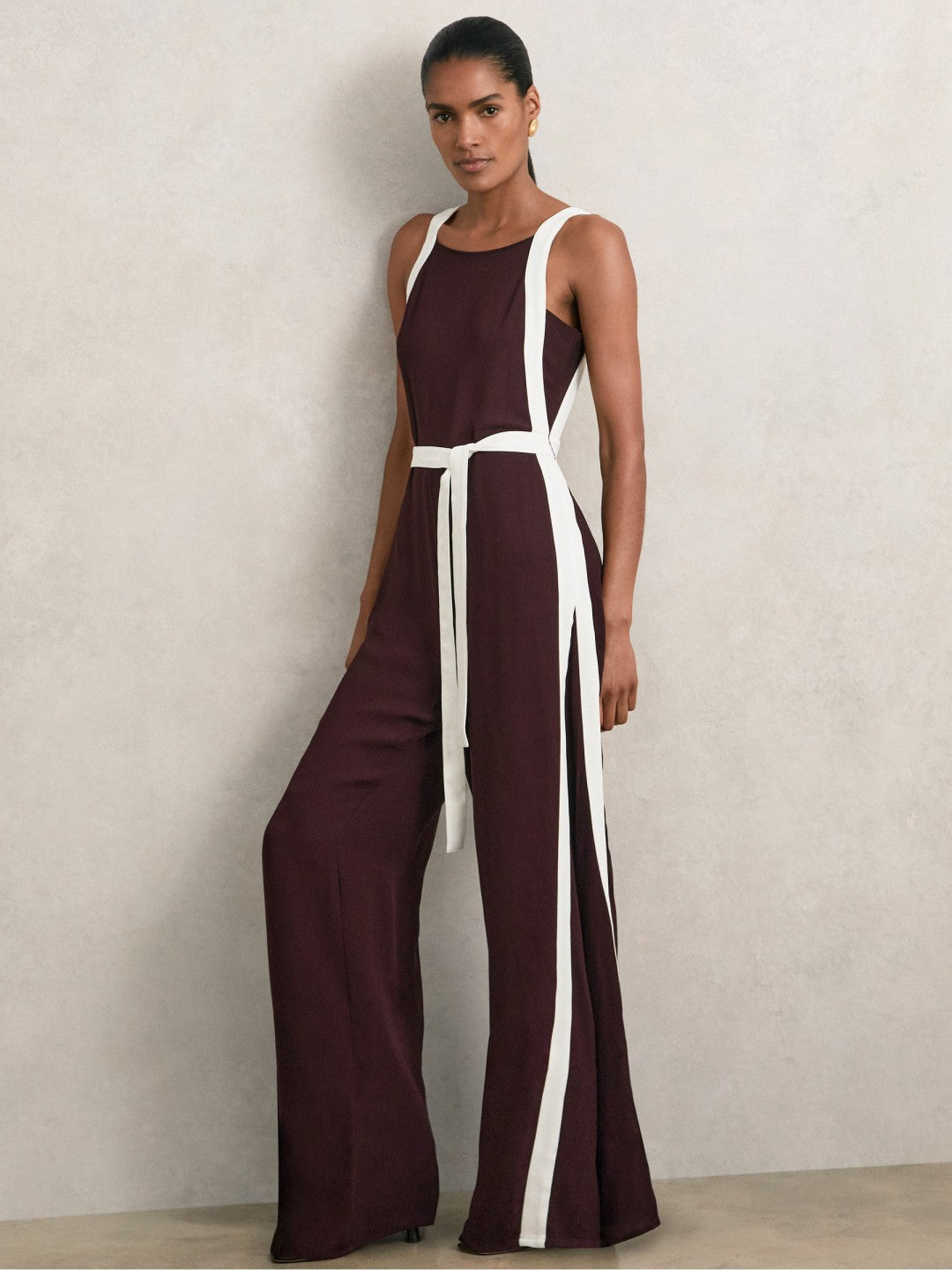 Women Colourblock Wide Leg Belted Jumpsuit in Burgundy/Cream