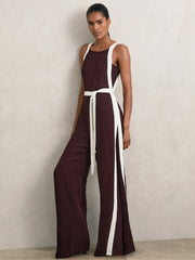 Women Colourblock Wide Leg Belted Jumpsuit in Burgundy/Cream
